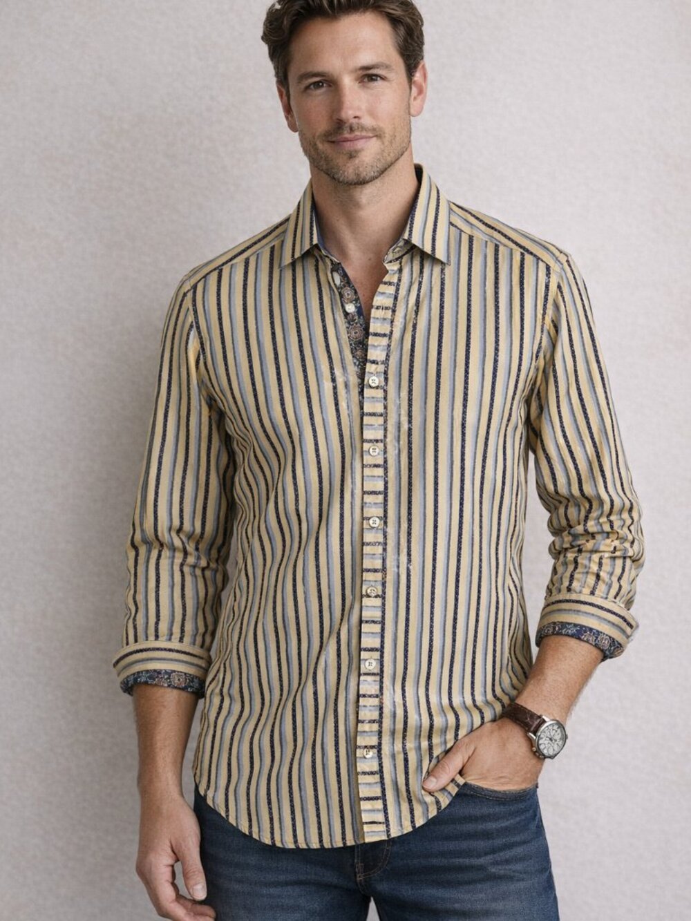 Robert Graham Ribbon Yellow Mens Button Up Shirt Silk Blend Embroidered M Classi